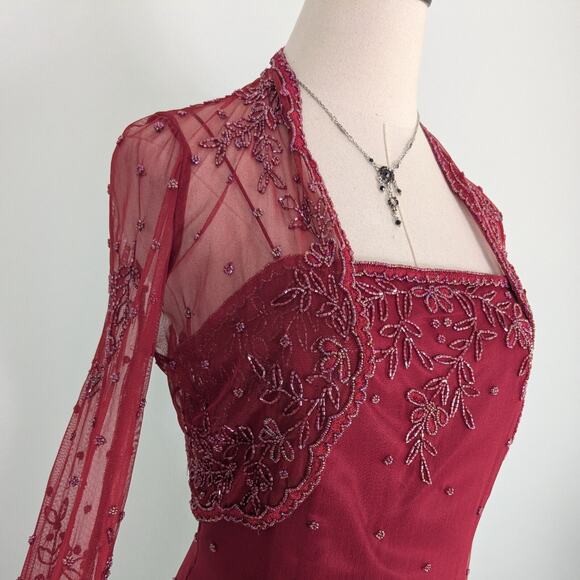 Scala Beaded Prom Dress Maxi Gown S Red Pink Silk Y2K Fairy Y2K Modest Gatsby - Picture 4 of 16